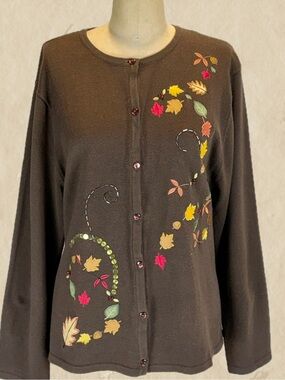 VINTAGE 90s fall leaf‎ autumn foliage knit sweater button cardigan earthy nature